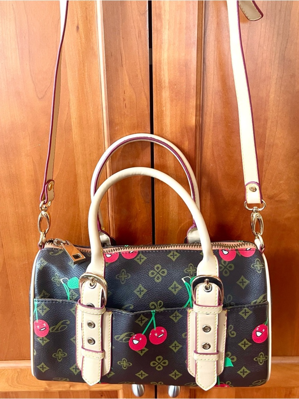 Designer-Inspired Cherry Print Convertible Crossbody & Satchel Bag